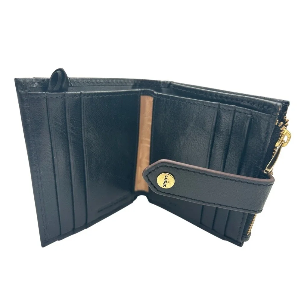 New Lodis Wallet Women's Black Leather Bifold ID Window Gold Zip